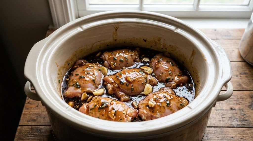 Chicken pieces submerged in the honey garlic sauce inside a slow cooker before cooking
