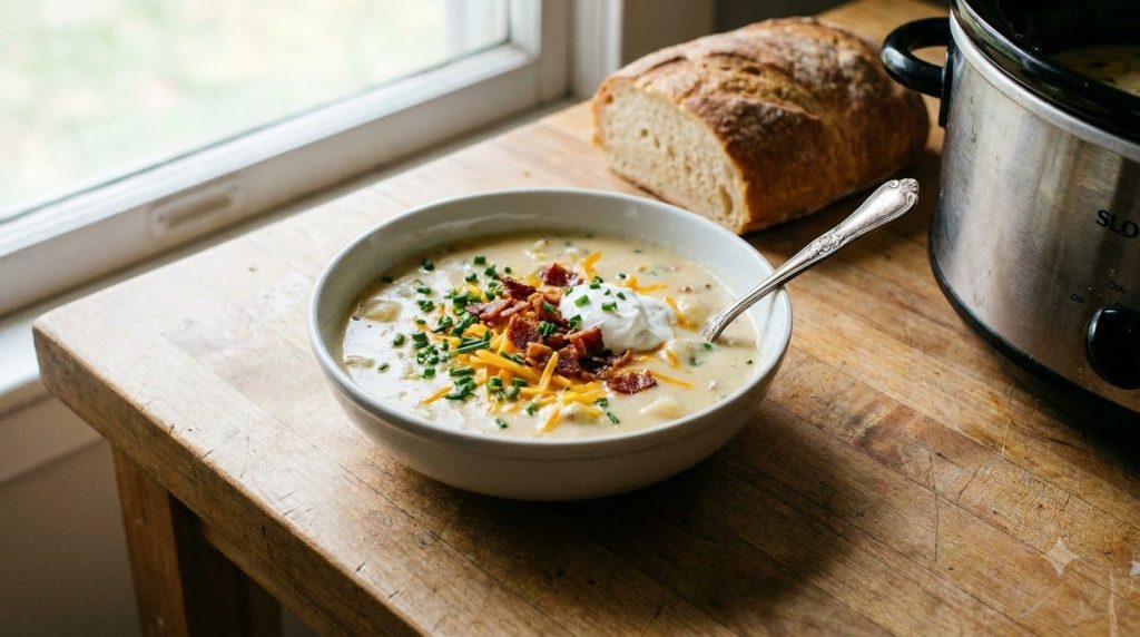 A serving of creamy slow cooker potato soup with toppings on a kitchen counter ready to be enjoyed