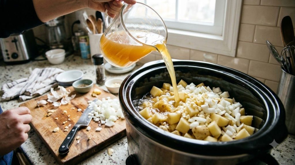 Diced potatoes chopped onions minced garlic and broth being added to a slow cooker
