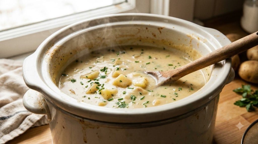 A close-up of the creamy potato soup in a slow cooker after mashing with some potato chunks visible