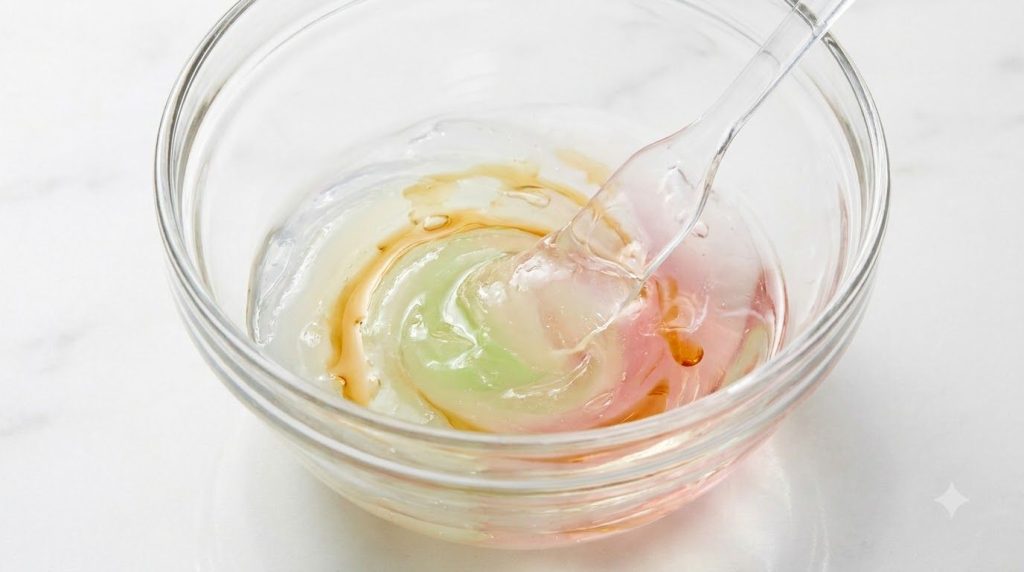 Close-up shot of a small bowl with Vaseline aloe vera gel rose water and a few drops of vitamin E oil being mixed with a