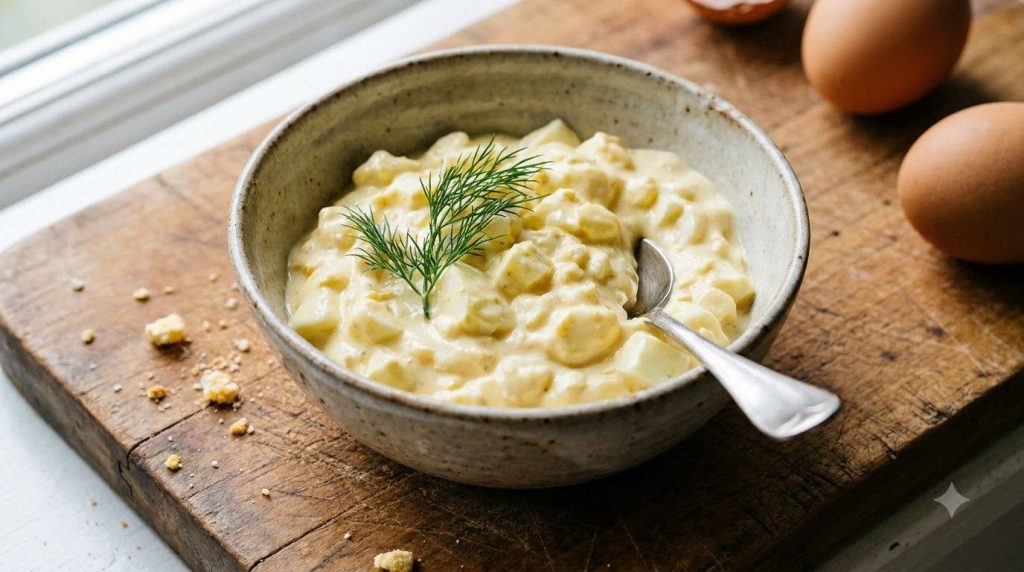 A close-up of creamy hard-boiled egg mayonnaise in a small bowl garnished with fresh herbs ready for serving