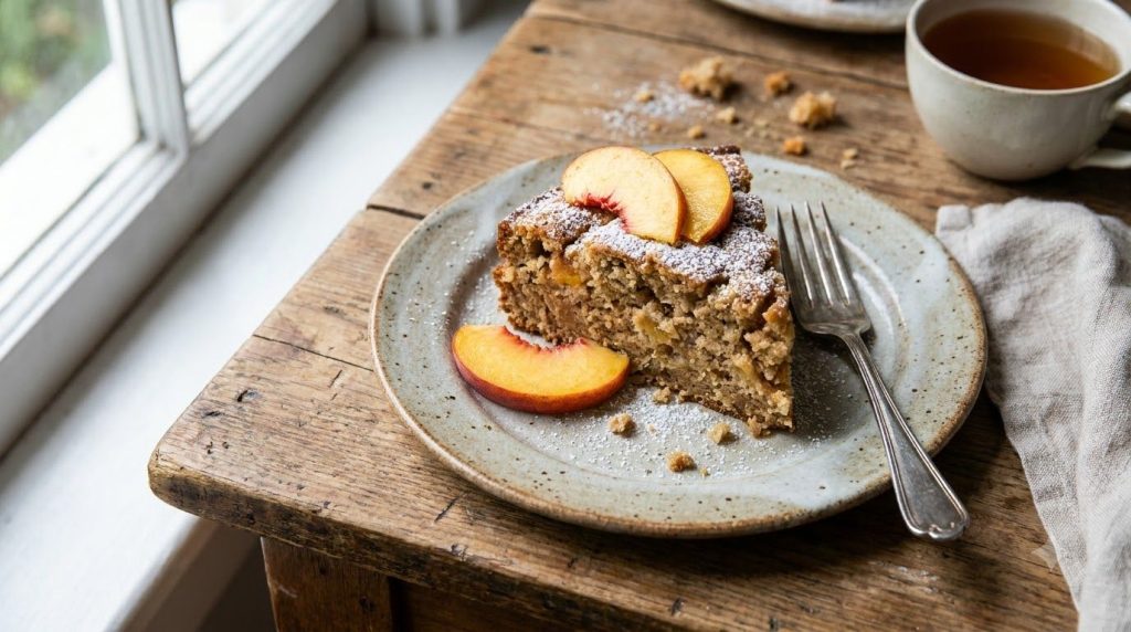 A slice of peach oat cake served on a small plate with a fork garnished with fresh peach slices and a light dusting of p