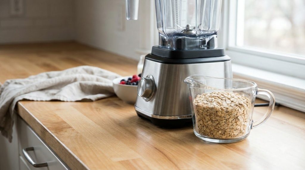 A high-speed blender with a measuring cup of rolled oats next to it ready to be blended into oat flour emphasizing the o