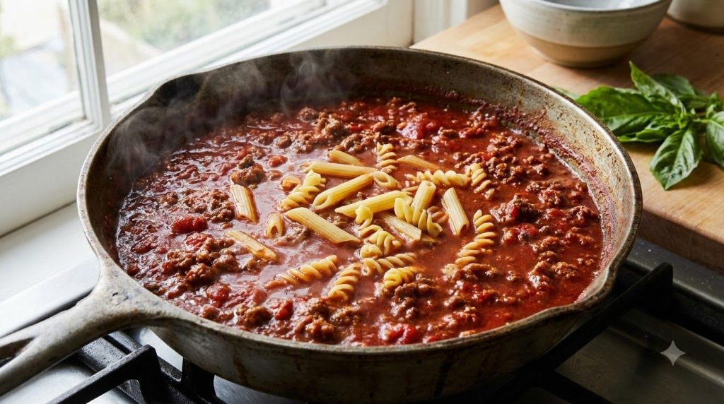 Uncooked pasta simmering in a rich tomato-meat sauce in a skillet