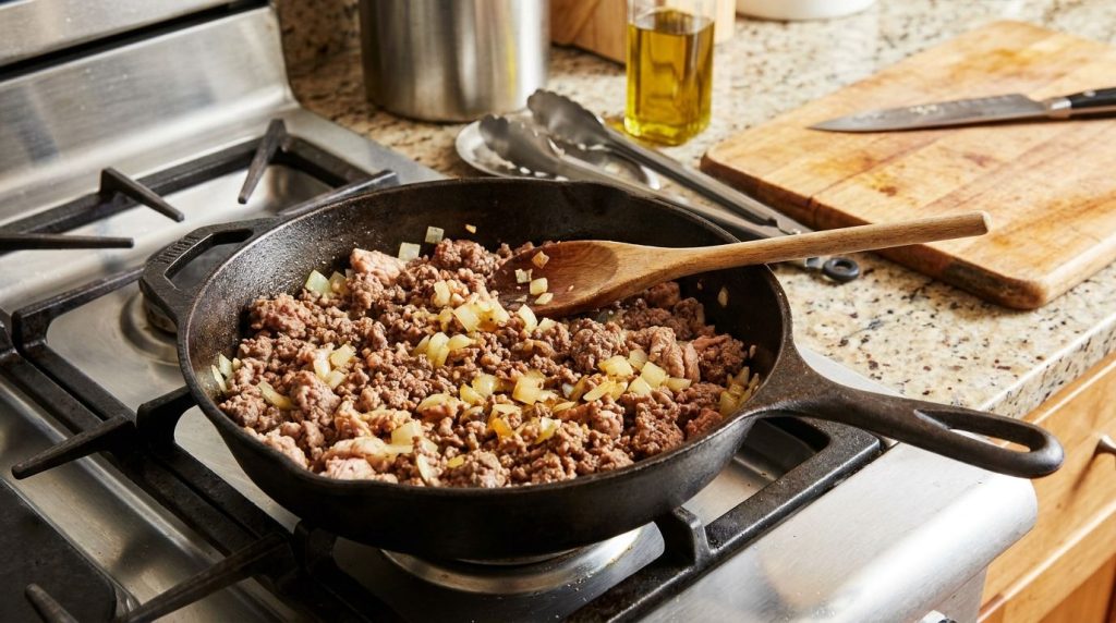 Ground meat browning in a skillet with chopped onions
