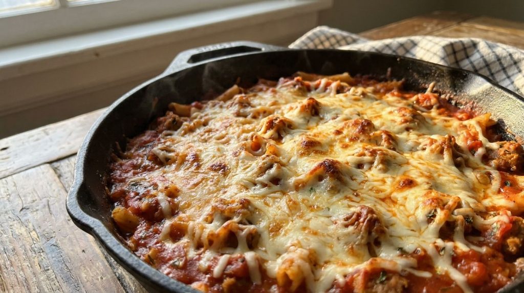 Melted mozzarella cheese on top of the one-pan pasta in a skillet