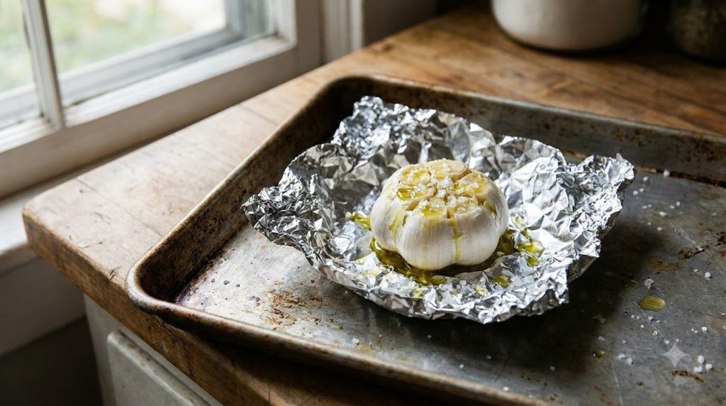 A head of garlic prepared for roasting with the top cut and olive oil drizzled on top ready to be wrapped in foil