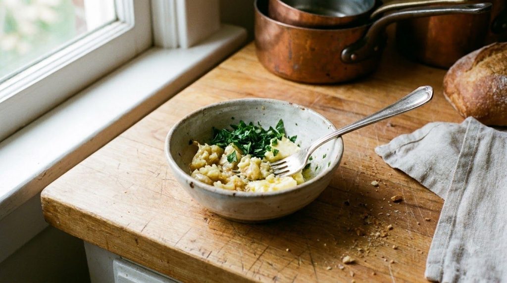A bowl of mashed roasted garlic mixed with softened butter and fresh parsley