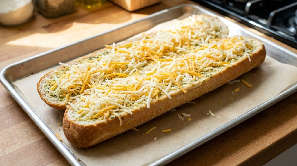 A loaf of Italian bread sliced lengthwise spread with garlic butter and topped with shredded cheeses on a baking sheet