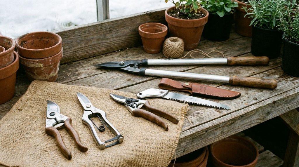 Various clean and sharp pruning tools like hand pruners loppers and a pruning saw laid out on a gardening bench