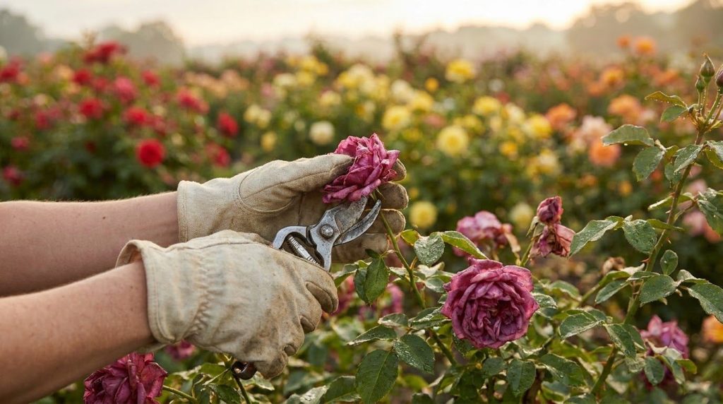 A gardener deadheading spent roses to encourage new blooms in late spring