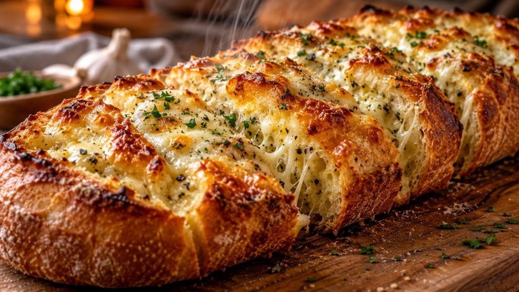 A close-up of the freshly baked cheesy garlic bread showing the melted bubbly cheese and golden crust
