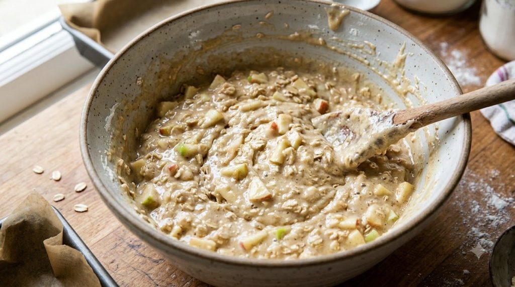 A large bowl with the apple oat cake batter with chopped apples and oats visible before baking