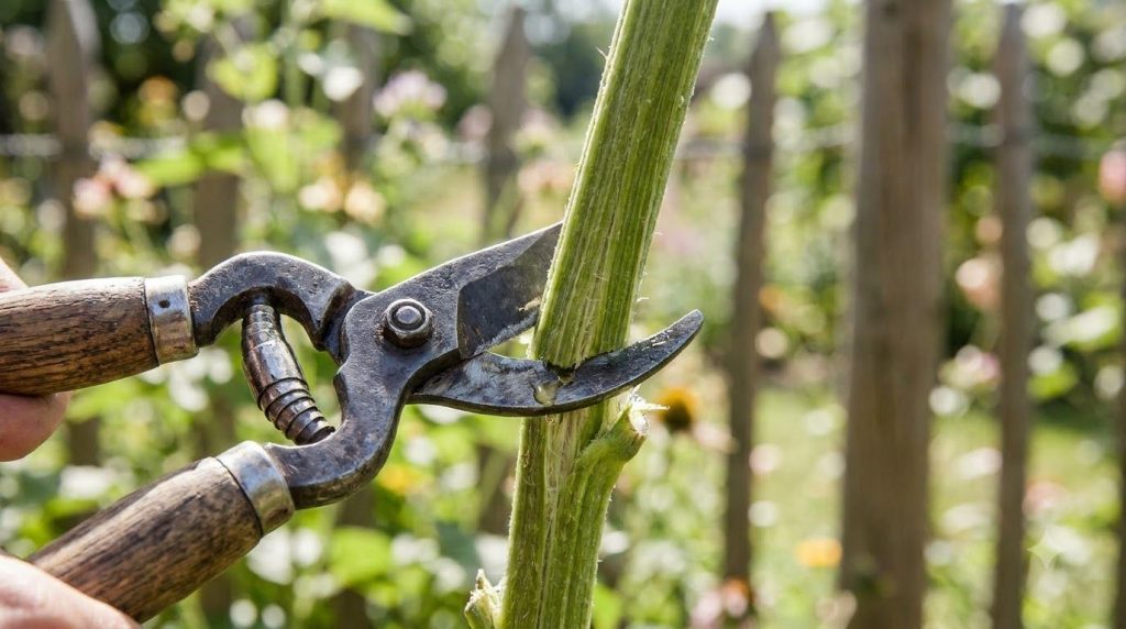 A pair of clean sharp pruning shears making a precise cut on a plant stem in a garden with blurred greenery in the backg