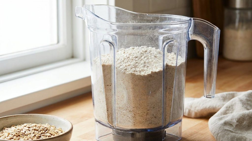 Blender filled with oat flour ready for wet ingredients