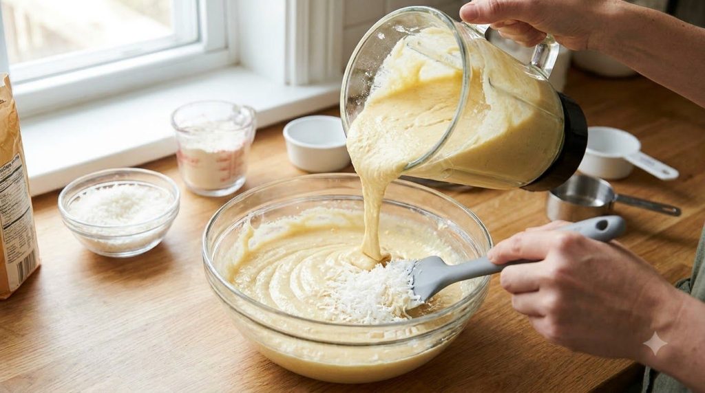 Blender batter poured into a bowl with shredded coconut being folded in