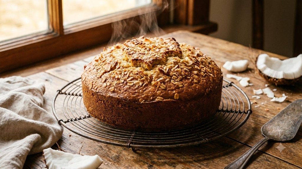 A baked coconut oat cake cooling on a wire rack