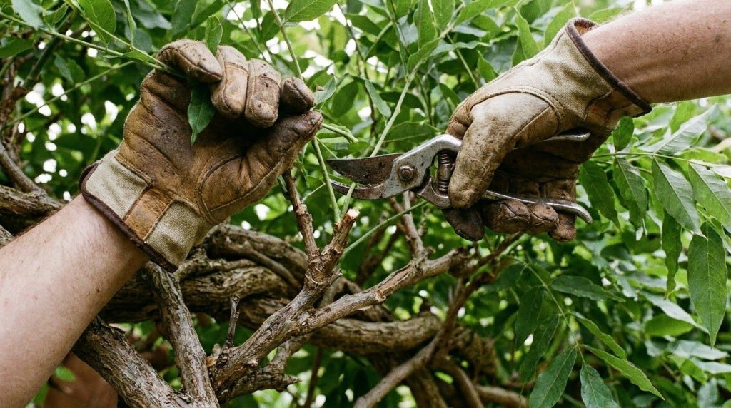 A close-up of a gardener pruning long wisteria shoots with secateurs showing the woody main branches and trimmed side sh