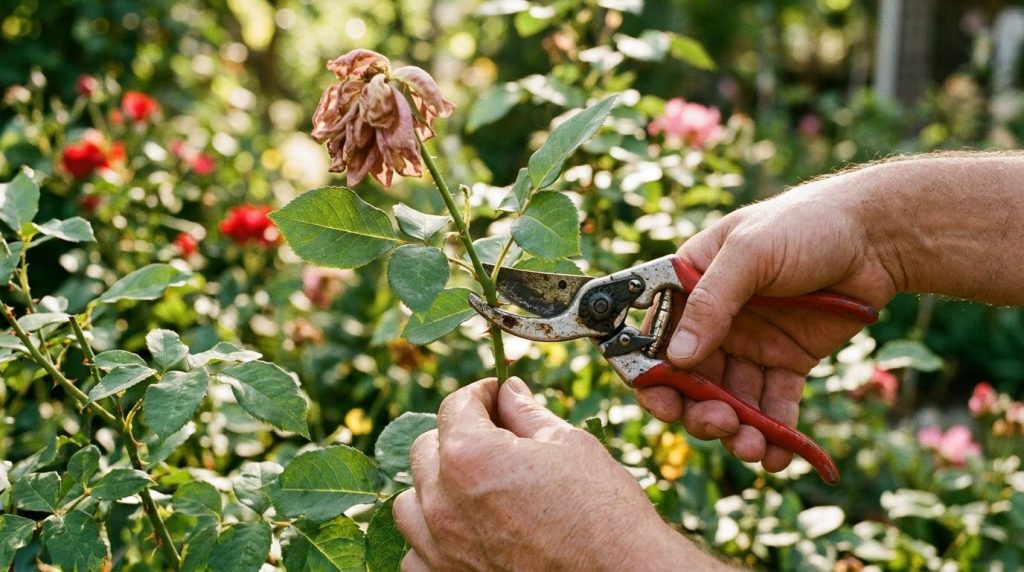 A gardener carefully pruning spent rose blooms with sharp bypass pruners in a sunny rose garden