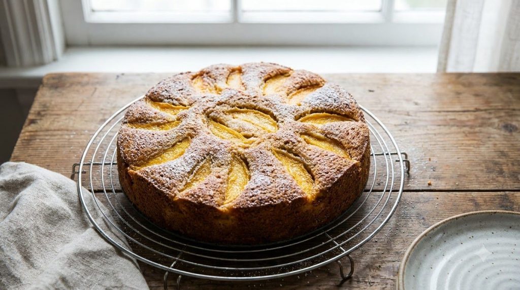 A freshly baked mango cake cooling on a wire rack ready for optional frosting or garnish