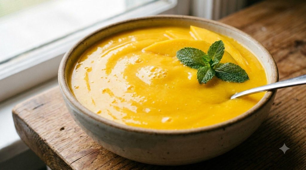 A bowl of fresh vibrant mango puree ready to be incorporated into the cake batter