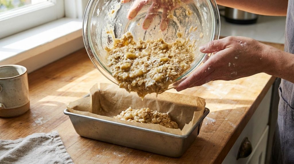 Pouring cake batter into a prepared loaf pan
