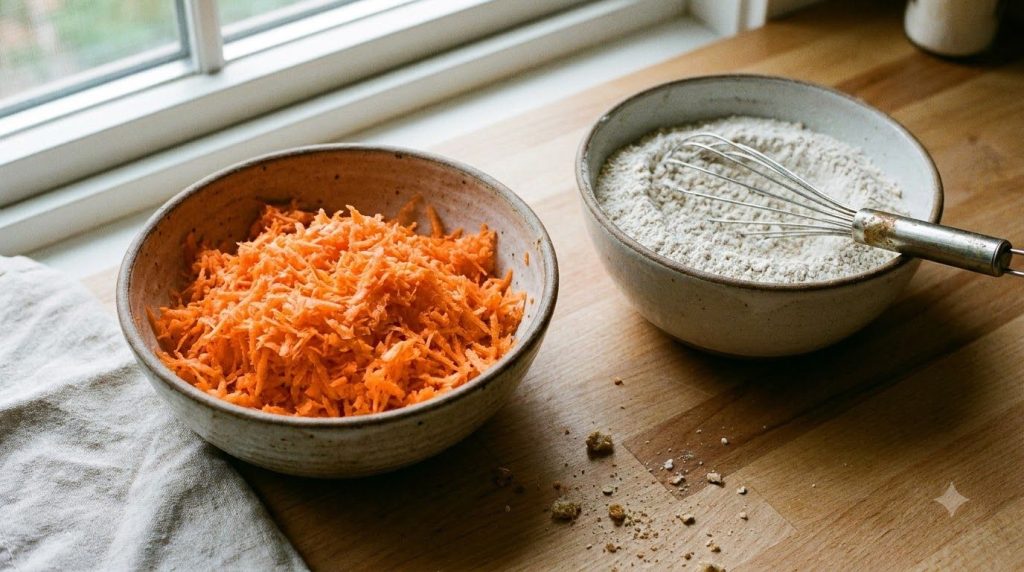 A bowl of finely grated carrots next to a bowl of blended oat flour and a whisk representing the dry ingredients prepara