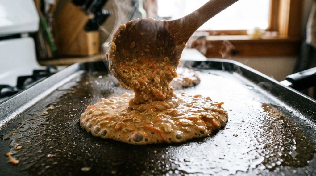 Carrot oatmeal pancake batter being spooned onto a hot non-stick griddle