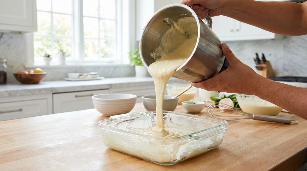 Smooth creamy blender pudding batter poured into a greased baking dish before baking