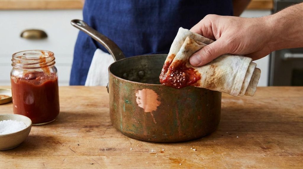 A person s hand applying a mixture of ketchup and salt onto a dull copper pot with a cloth