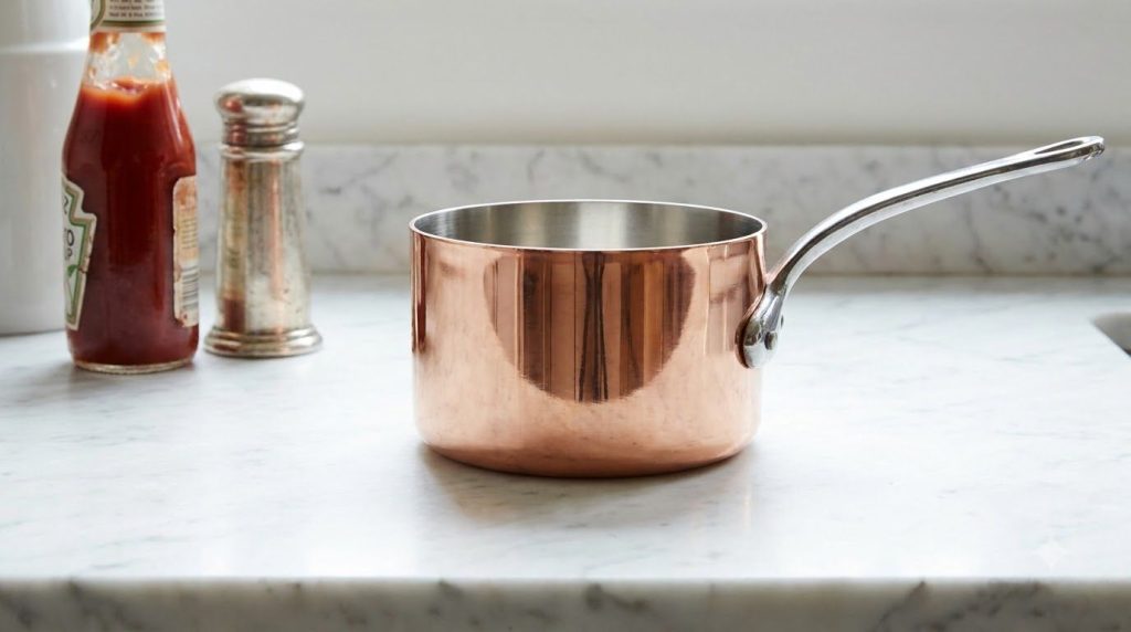 A shiny clean copper pot next to a bottle of ketchup and a salt shaker on a clean countertop