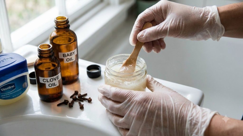 Hands mixing Vaseline clove oil and baby oil in a small glass jar to create a homemade night gel with raw cloves scatter