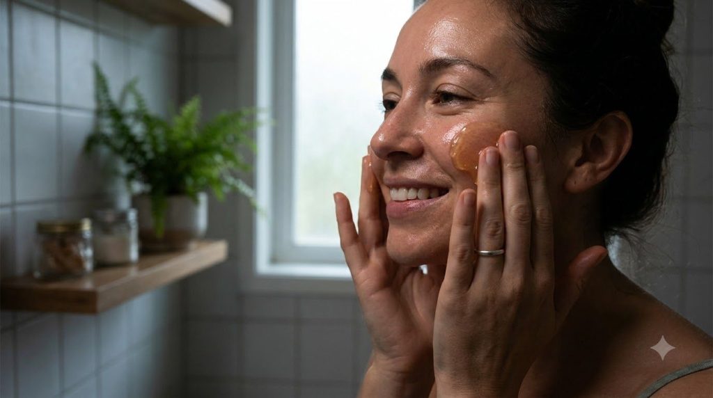 A woman gently applying the homemade night gel to her face showing a glowing healthy complexion in a bathroom setting wi