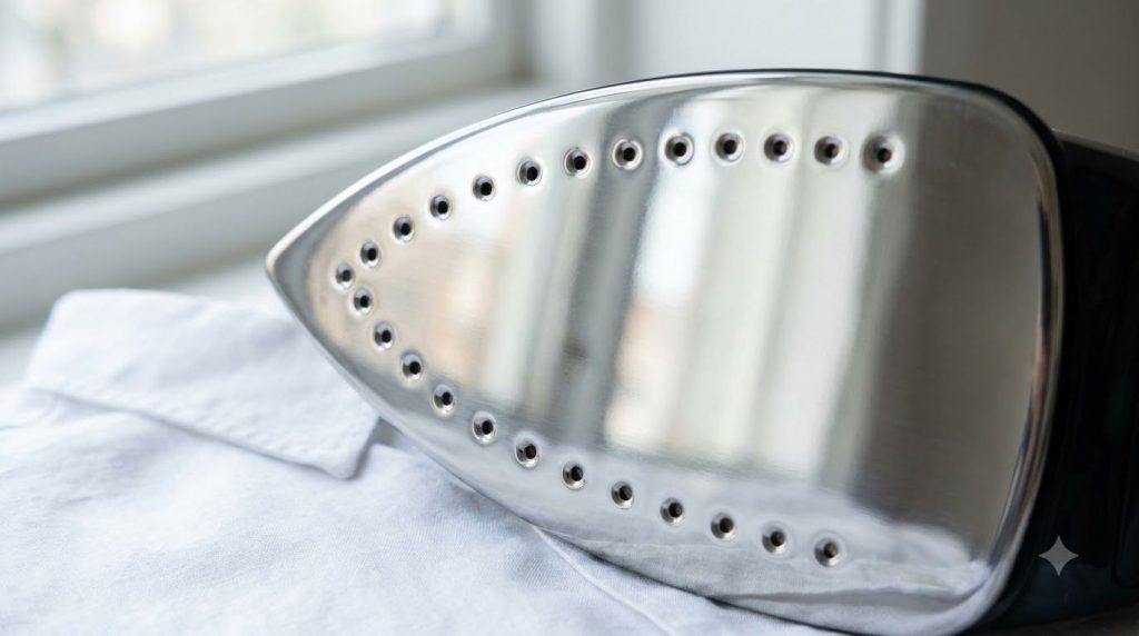 A clean shiny electric iron soleplate after cleaning free of burnt residue ready for use