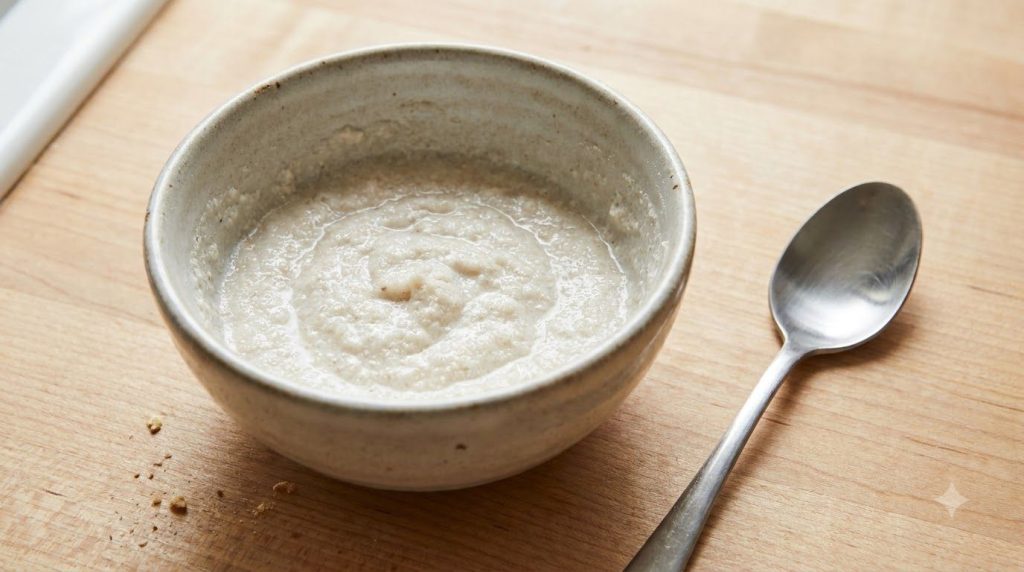 A close-up shot of a small bowl containing a thick white paste made from baking soda and water with a spoon or spatula n