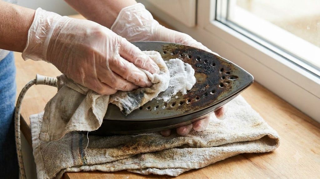 Hands gently scrubbing a burnt iron soleplate with a baking soda paste applied using a soft cloth with the iron unplugge