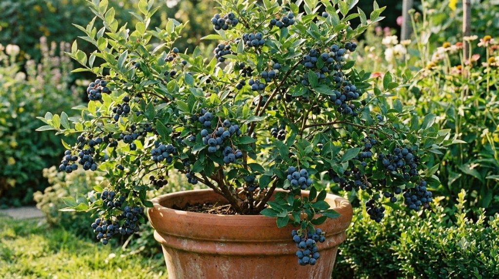A mature blueberry bush in a large terracotta pot laden with ripe blueberries in a sunny garden setting