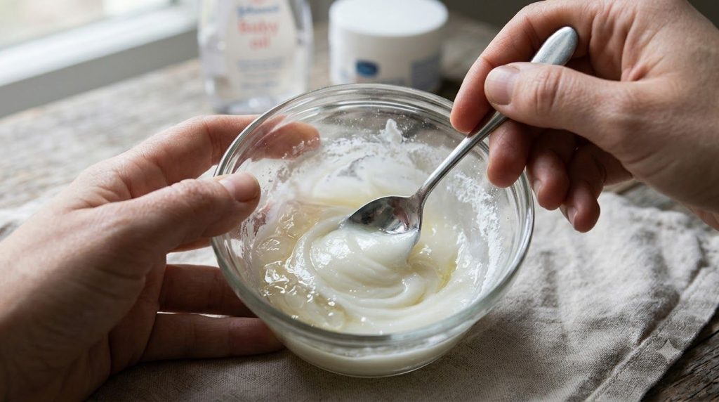 A hand mixing Vaseline baby oil and white powder in a small glass bowl with a spoon creating a smooth gel texture