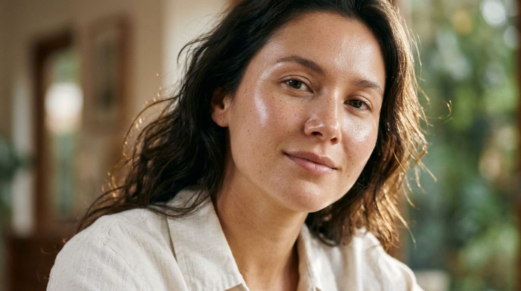 A woman s face with a natural dewy glow illustrating the potential results of using a glow gel