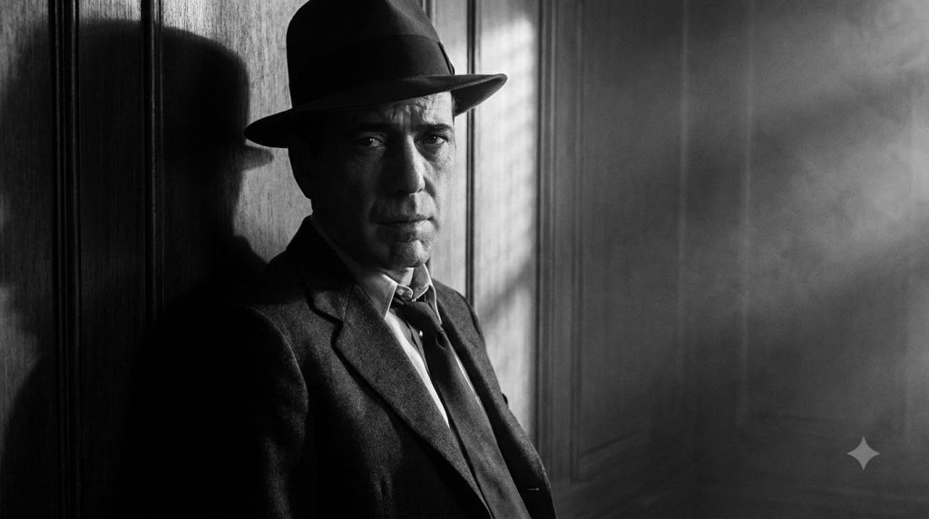 A black and white photo of Humphrey Bogart in an early tough-guy role perhaps from The Petrified Forest or a similar fil