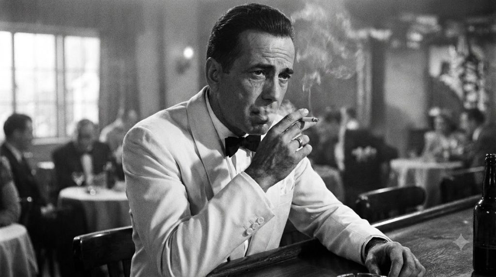 Humphrey Bogart as Rick Blaine in Casablanca perhaps in his white dinner jacket looking thoughtful or holding a cigarett