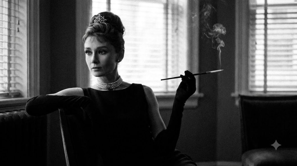 Audrey Hepburn as Holly Golightly in Breakfast at Tiffany s wearing a black dress pearls and a tiara holding a long ciga