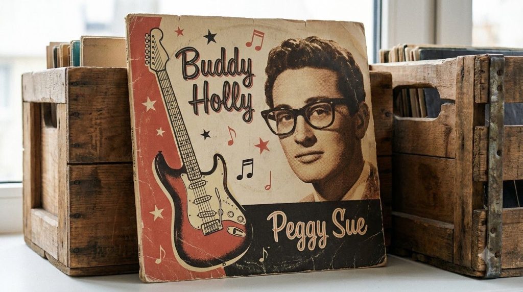 Vintage album cover for Buddy Holly s Peggy Sue single showcasing 1950s design elements
