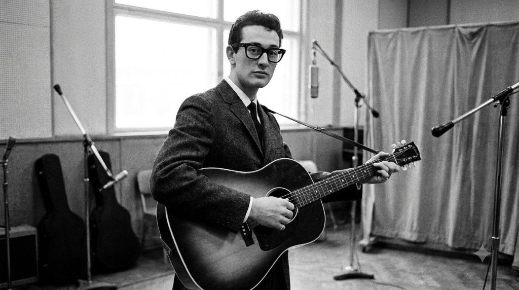 Black and white promotional photo of Buddy Holly from the late 1950s wearing his signature glasses and holding a guitar