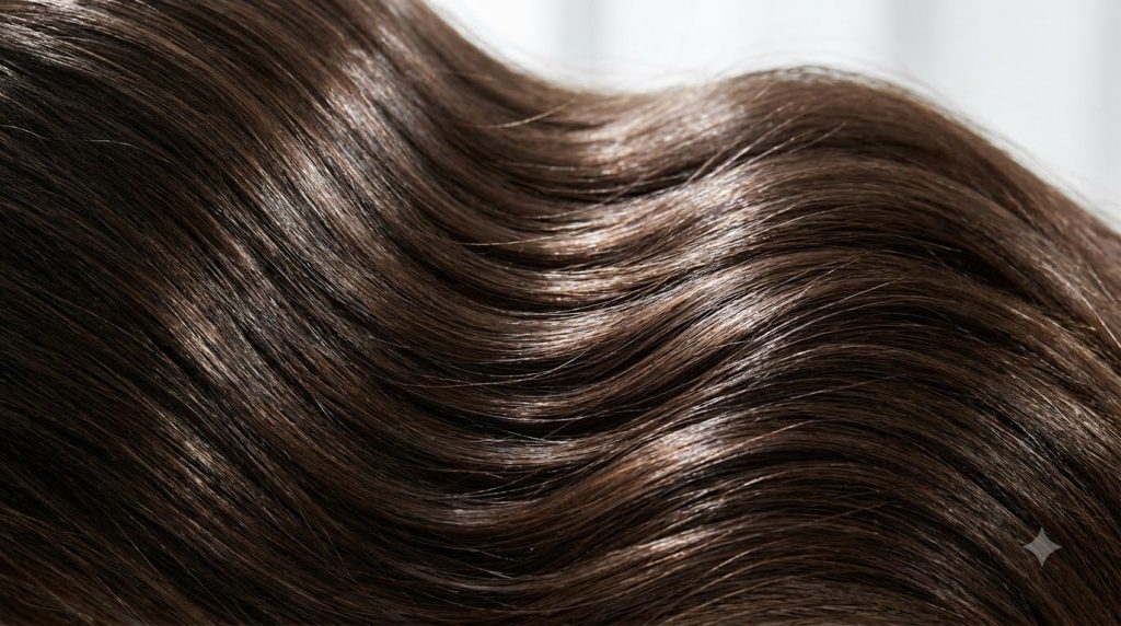 A close-up of shiny healthy hair after a wash suggesting improved hair quality and shine