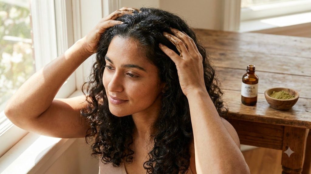 A woman gently massaging Amla hair oil into her scalp focusing on her roots The oil bottle and Amla powder are visible i