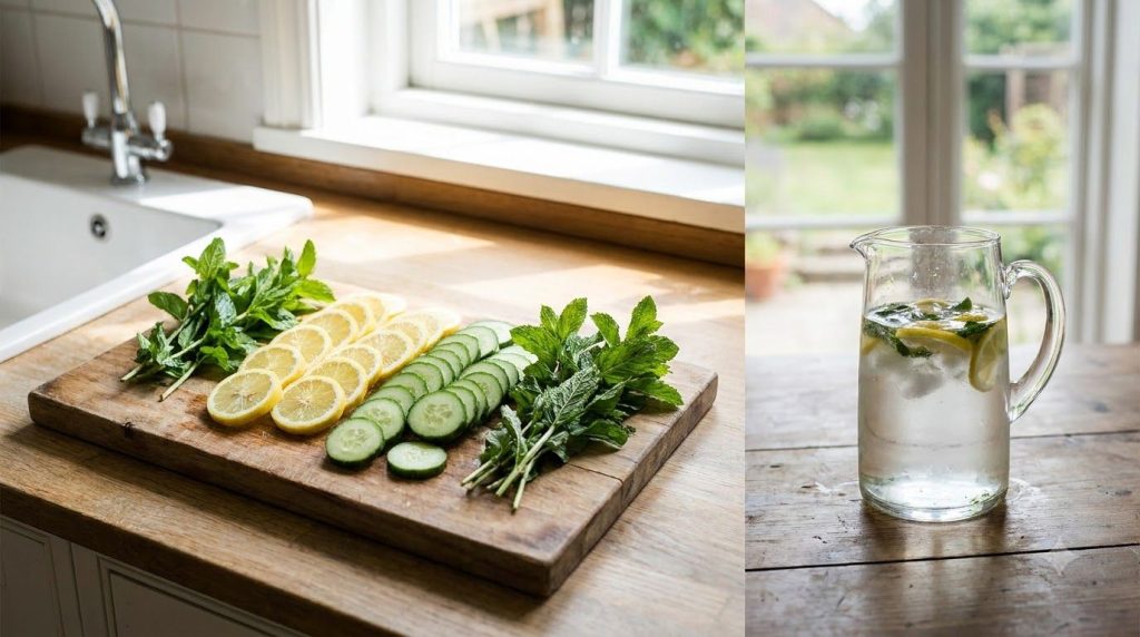Ingredients for lemon and cucumber infused water sliced lemon sliced cucumber and fresh mint sprigs next to a pitcher of