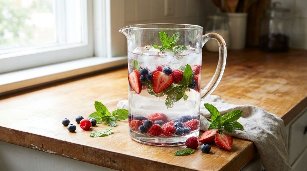 A glass pitcher filled with berry and mint infused water surrounded by fresh berries and mint leaves