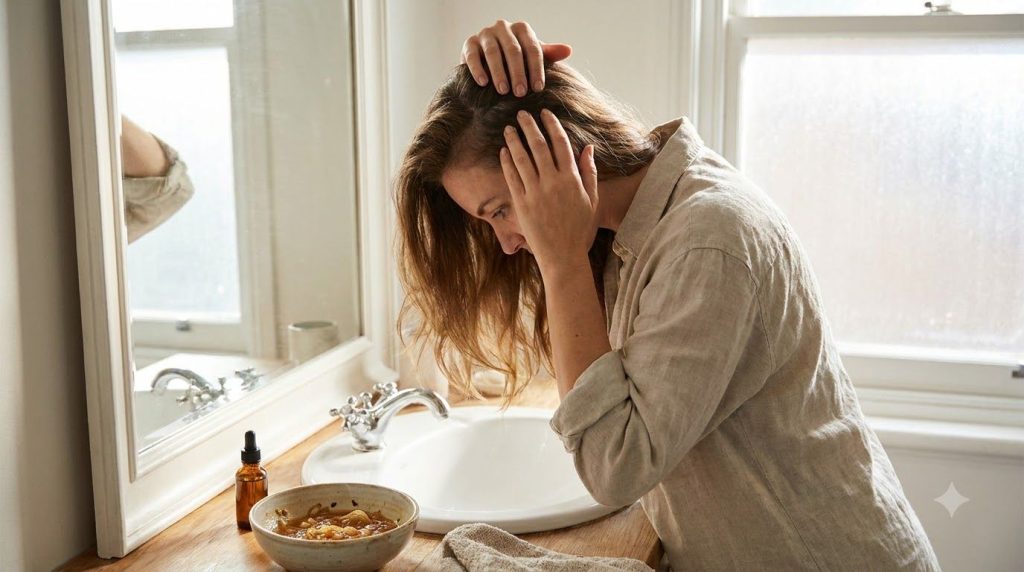 A woman applying the onion hair mixture to her scalp with her fingertips showing a close-up of the application process